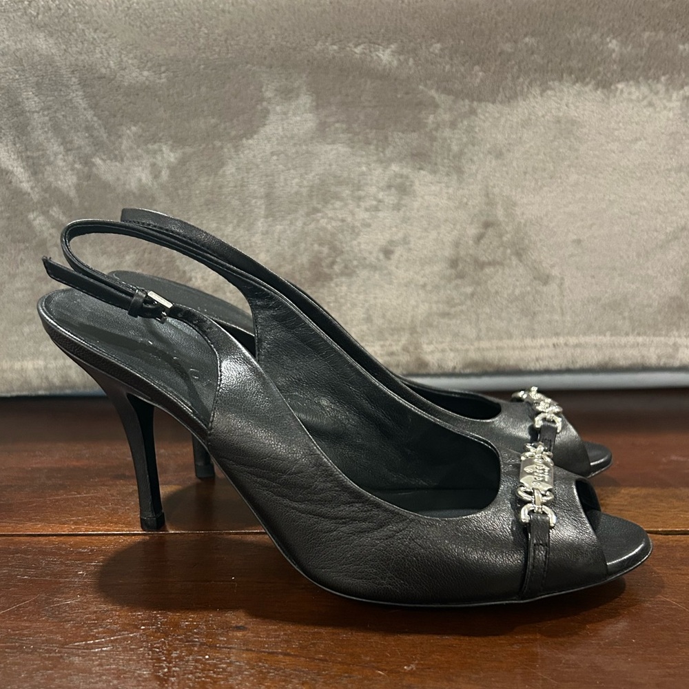 Gucci Black Leather Slingback Heels with Silver Hardware